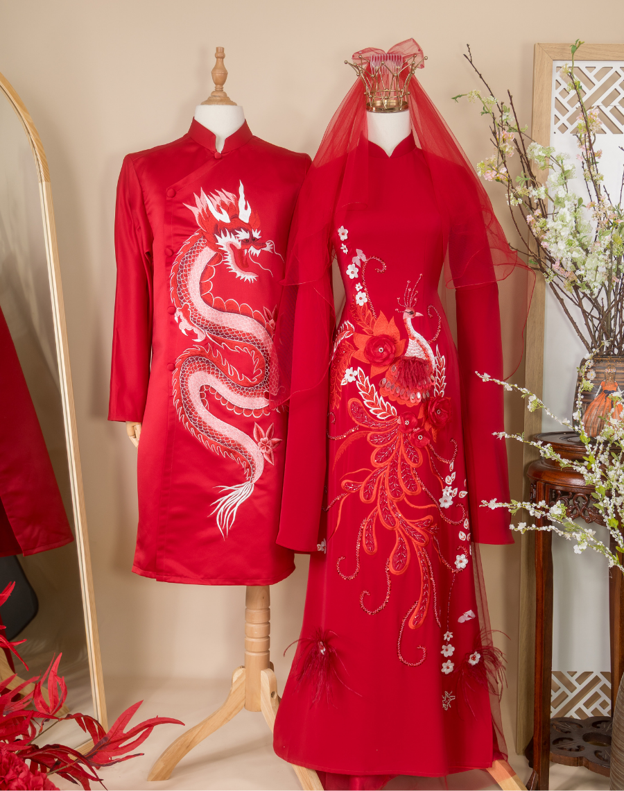 Cặp Áo Dài Cưới Song Phụng Hỷ Sự