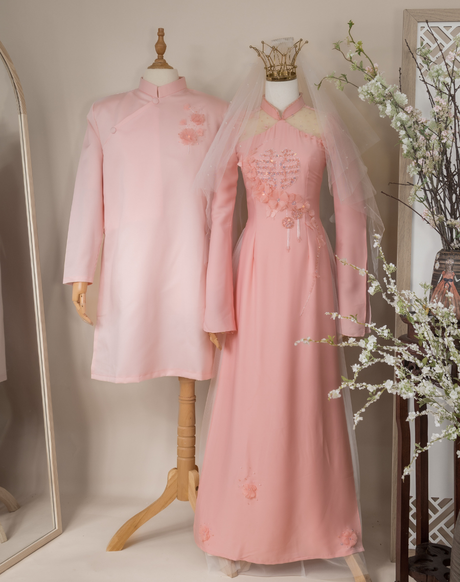 Cặp Áo Dài Hồng Hoa