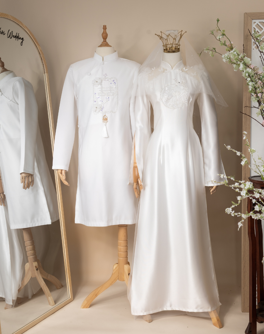 Cặp Áo Dài Trắng Uyên Ương Hòa Hợp