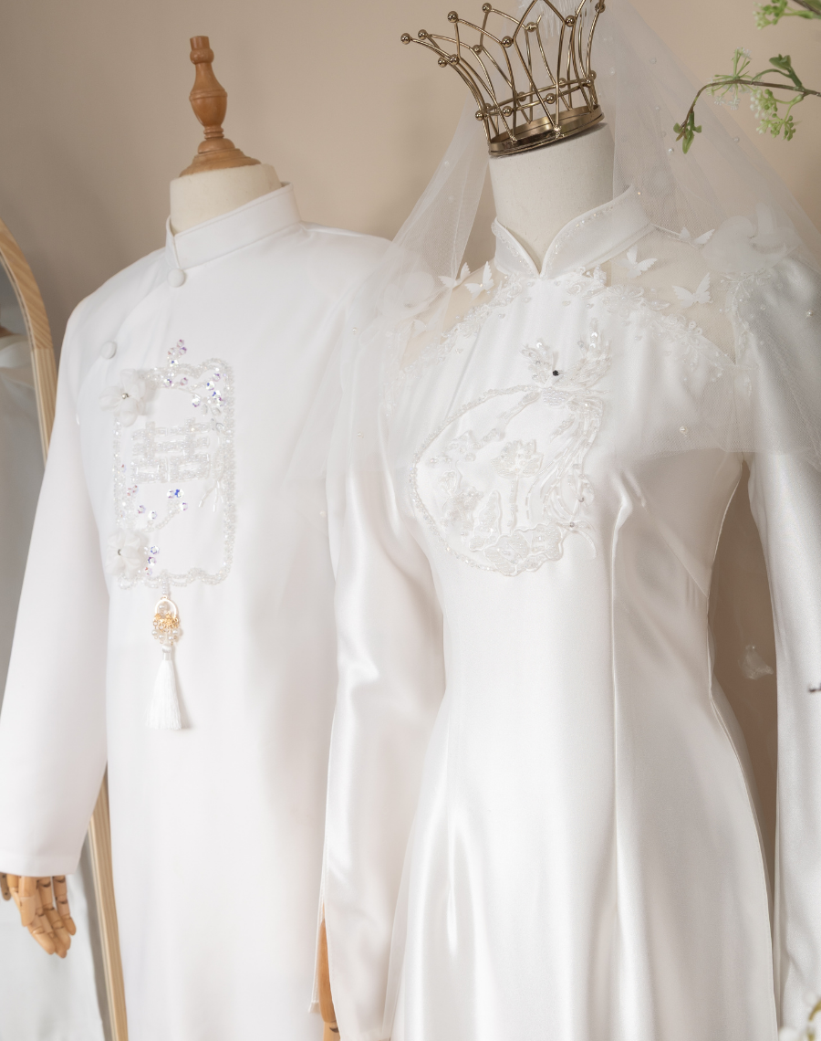 Cặp Áo Dài Trắng Uyên Ương Hòa Hợp - Ảnh 2