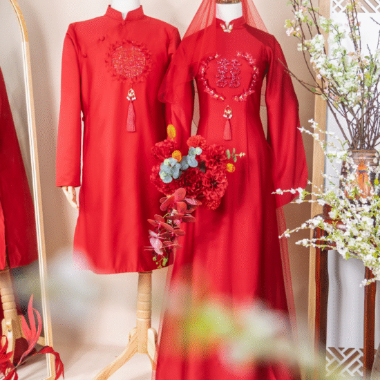 Cặp Áo Dài Đỏ Song Hỷ Tay Xẻ