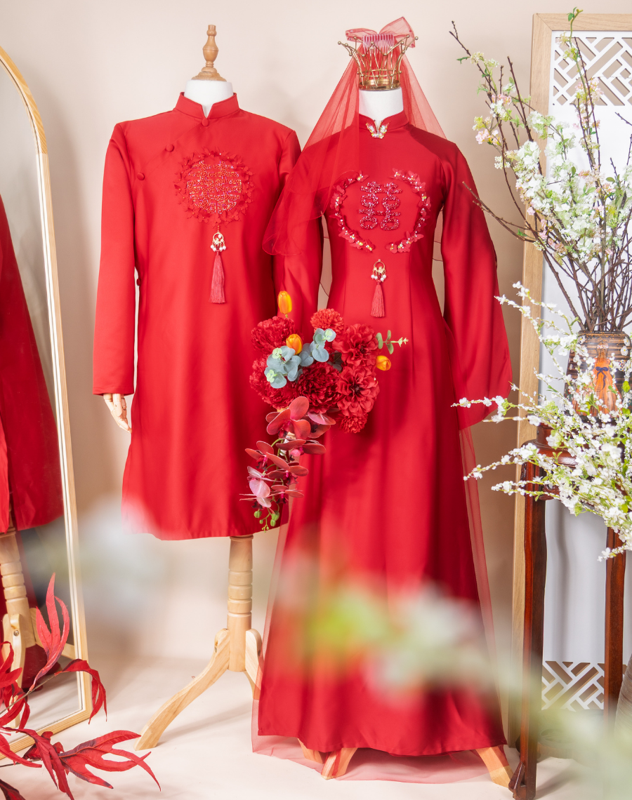 Cặp Áo Dài Đỏ Song Hỷ Tay Xẻ