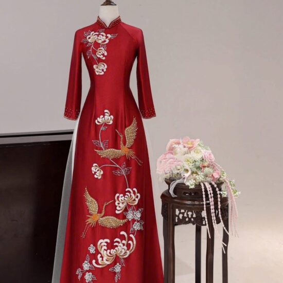 Áo Dài Bà Sui Đỏ Đô Thêu Chim Hạc Hoa Văn Vàng Trắng | Mã SP: BS-002