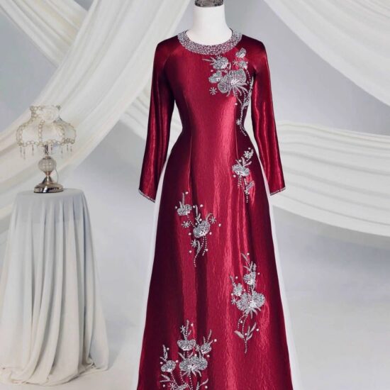 Áo Dài Bà Sui Đỏ Mận Đính Hoa Pha Lê Sang Trọng | Mã SP: BS-003