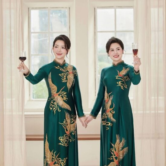 Áo Dài Bà Sui Xanh Ngọc Thêu Chim Hạc Vàng Sang Trọng | Mã SP: BS-001