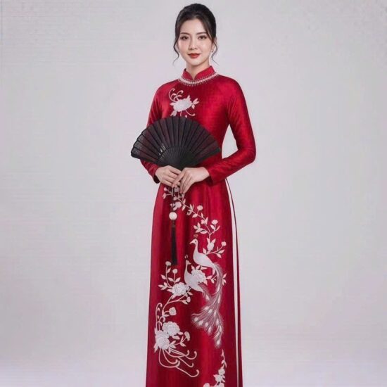 Áo Dài Bà Sui Đỏ Đô Thêu Chim Hoa – Dáng Truyền Thống | Mã SP: BS-013