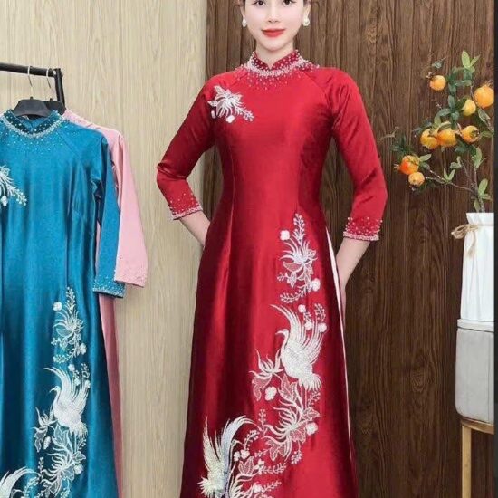 Áo Dài Bà Sui Đỏ Đô Thêu Chim Hạc Trắng – Sang Trọng & Phúc Khí | Mã SP: BS-046