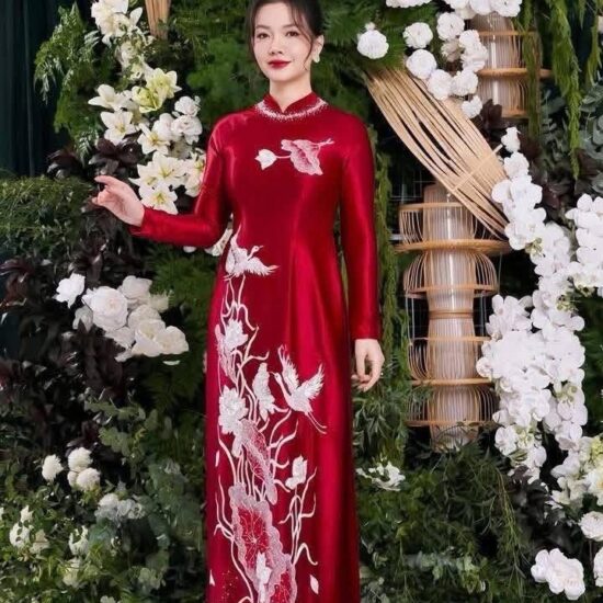 Áo Dài Bà Sui Đỏ Ruby Thêu Hạc Hoa Nghệ Thuật | Mã SP: BS-004