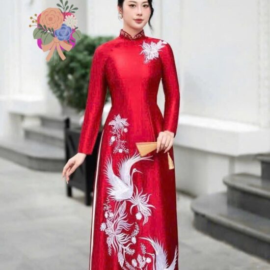 Áo Dài Bà Sui Đỏ Tươi Thêu Chim Hạc – Phúc Lộc Trường Thọ | Mã SP: BS-045
