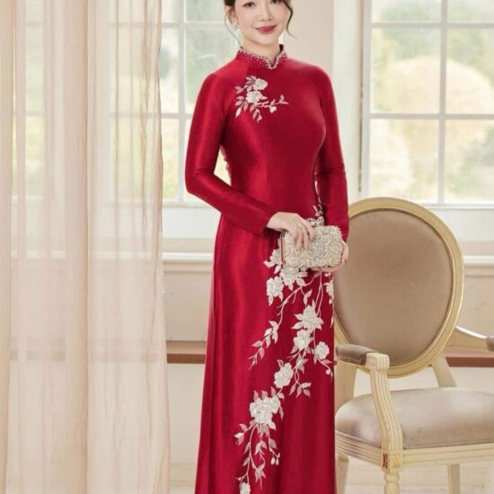 Áo Dài Bà Sui Cao Cấp Màu Đỏ Đô Thêu Hoa Trắng Sang Trọng | Mã SP: BS-014