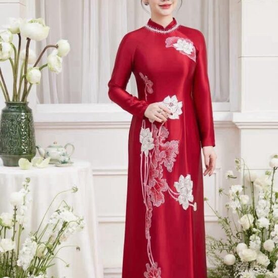 Áo Dài Bà Sui Đỏ Ruby Thêu Hoa Sen Trắng – Dáng Suông Sang Trọng | Mã SP: BS-044