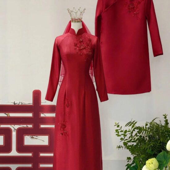 Cặp Áo Dài Hoa Mơ Pha Lê Đỏ | Mã SP: AD-021