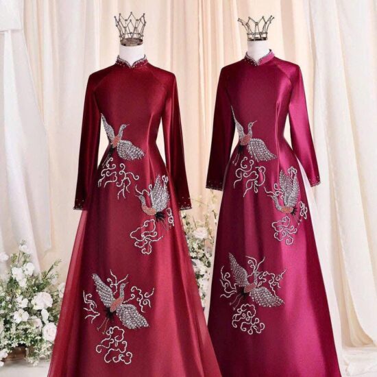 Áo Dài Bà Sui Đỏ Mận Thêu Chim Hạc – Dáng Xòe Phủ Voan Cao Cấp | Mã SP: BS-043