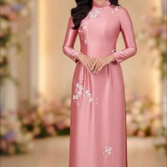 Áo dài bà sui lụa hồng phấn thêu hoa nhã nhặn, dáng truyền thống sang trọng | Mã SP: BS-006