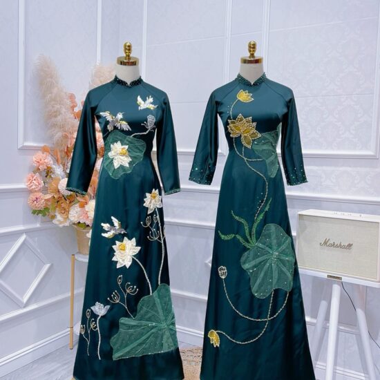 Áo dài bà sui lụa xanh ngọc thêu hoa sen – chim hạc | Mã SP: BS-008