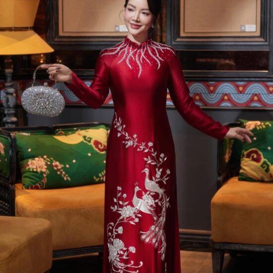 Áo Dài Bà Sui Lụa Đỏ Đô Thêu Công Trắng – Đính Đá Cổ Nghệ Thuật | Mã SP: BS-042