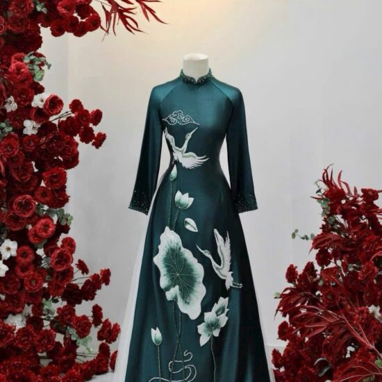 Áo Dài Bà Sui Lụa Xanh Ngọc Đậm Thêu Hạc & Hoa Sen Phú Quý | Mã SP: BS-035
