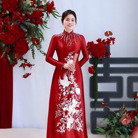 Áo Dài Bà Sui Lụa Đỏ Thêu Chim Hạc Trắng – Đính Đá Cổ Cao | Mã SP: BS-041