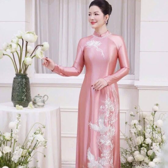 Áo Dài Bà Sui Lụa Hồng Đào Thêu Chim Phượng Sang Trọng | Mã SP: BS-037
