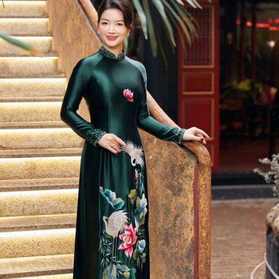 Áo Dài Bà Sui Lụa Xanh Lục Bảo Thêu Hoa Sen & Chim Hạc | Mã SP: BS-022