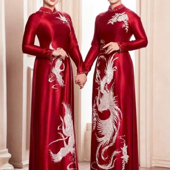 Bộ Áo Dài Bà Sui Đôi Màu Đỏ Đô Thêu Phượng Hoàng | Mã SP: BS-017