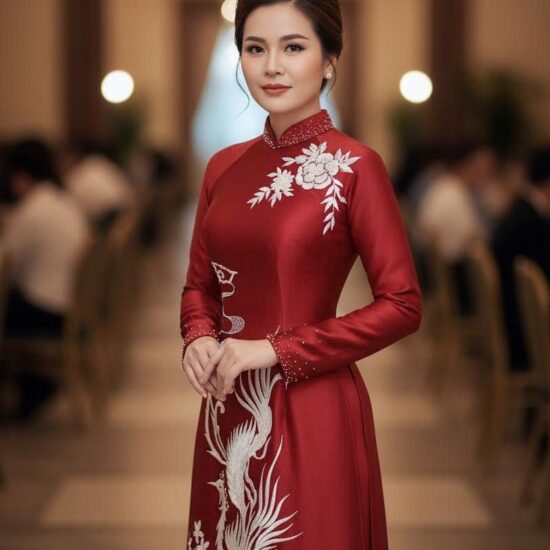 Áo Dài Bà Sui Cao Cấp Màu Đỏ Đô Thêu Chim Công | Mã SP: BS-015