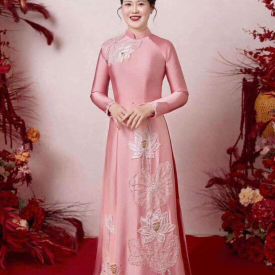 Áo Dài Bà Sui Lụa Hồng Phấn Thêu Sen | Mã SP: BS-020