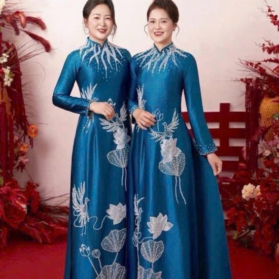 Bộ Áo Dài Bà Sui Đôi Màu Xanh Ngọc Thêu Sen – Chim Hạc | Mã SP: BS-016