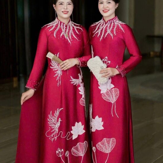 Áo Dài Bà Sui Đôi Lụa Đỏ Thêu Chim Hạc & Hoa Sen Cao Cấp | Mã SP: BS-040