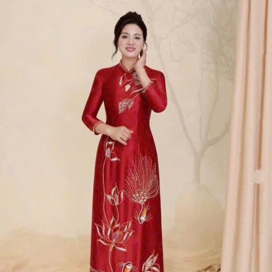 Áo Dài Bà Sui Lụa Đỏ Thêu Chim Công & Hoa Sen Sang Trọng | Mã SP: BS-039