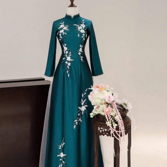 Áo Dài Bà Sui Lụa Xanh Ngọc Thêu Hoa Trắng | Mã SP: BS-029