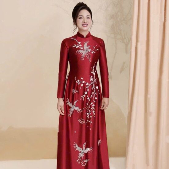 Áo Dài Bà Sui Lụa Đỏ Đô Thêu Chim Hạc & Hoa Mai Cao Cấp | Mã SP: BS-038