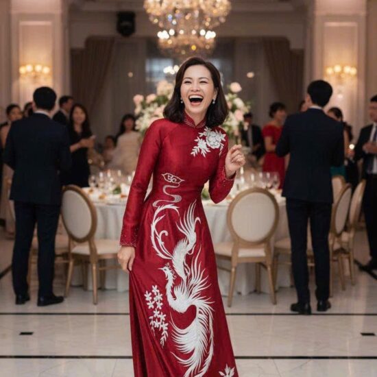 Áo dài bà sui gấm đỏ đô thêu chim phượng cao cấp | Mã SP: BS-007