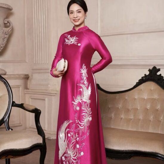 Áo Dài Bà Sui Lụa Hồng Cánh Sen Thêu Chim Phượng Cao Cấp | Mã SP: BS-025