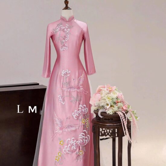 Áo Dài Bà Sui Lụa Hồng Phấn Thêu Hạc & Hoa Đào Thanh Nhã | Mã SP: BS-036