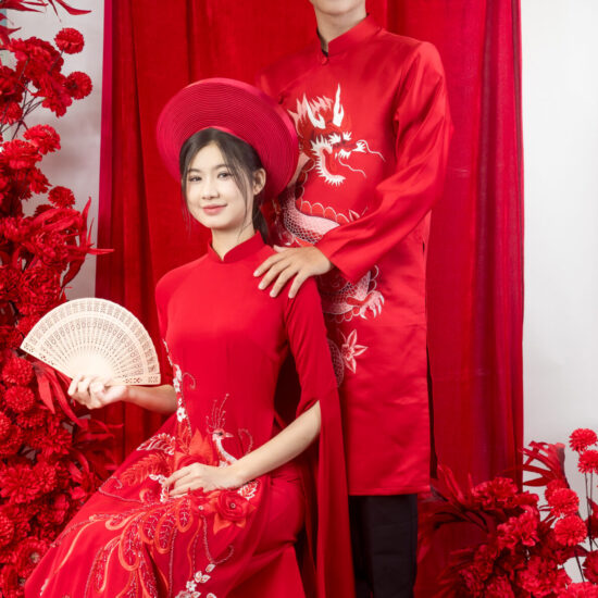 Cặp Áo Dài Đỏ Long Phụng Bách Hoa | Mã SP: AD-010