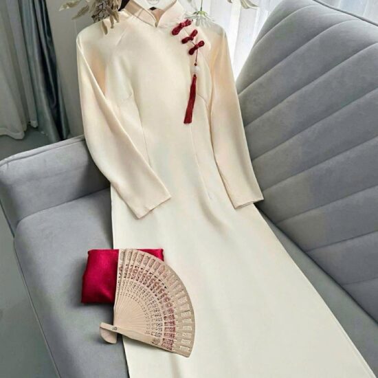 Áo Dài Bưng Quả Màu Kem Phối Nút Đỏ Thanh Lịch | Mã SP: BQ-004