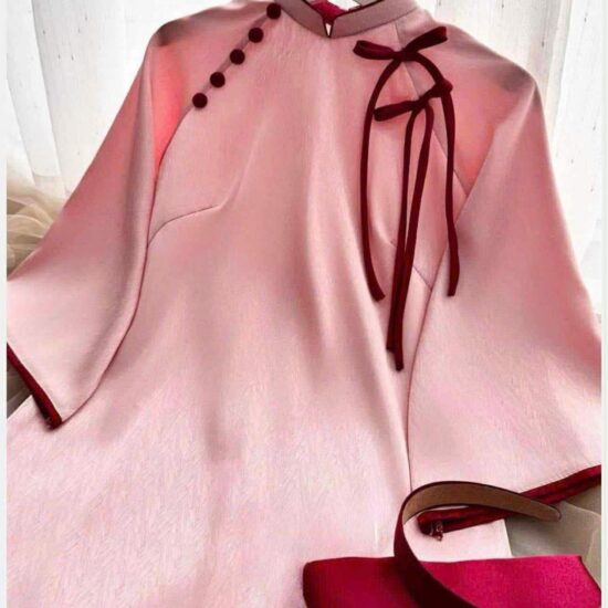 Áo Dài Bưng Quả Nữ Màu Hồng Phấn Phối Nơ Đỏ Thanh Lịch | Mã SP: BQ-006