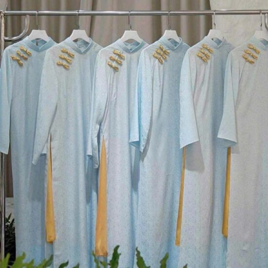 Áo Dài Bưng Quả Nữ Màu Xanh Pastel Phối Nút Vàng Thanh Lịch | Mã SP: BQ-008